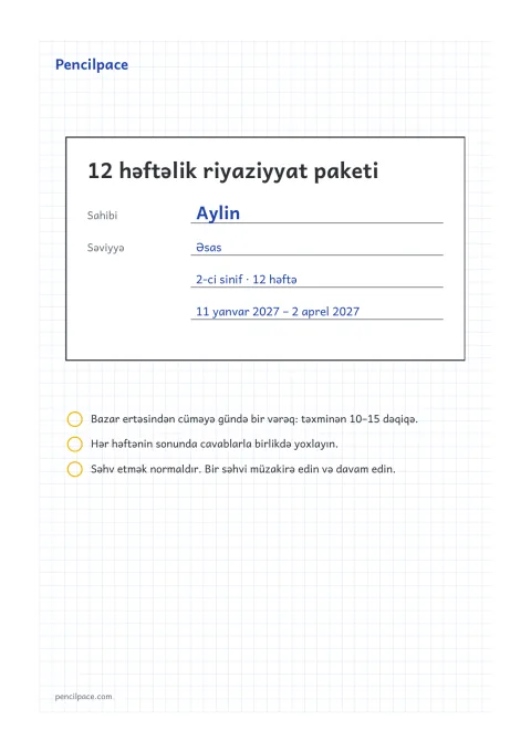 Ad, sinif, səviyyə və 12 həftənin tarixləri yazılmış üz qabığı