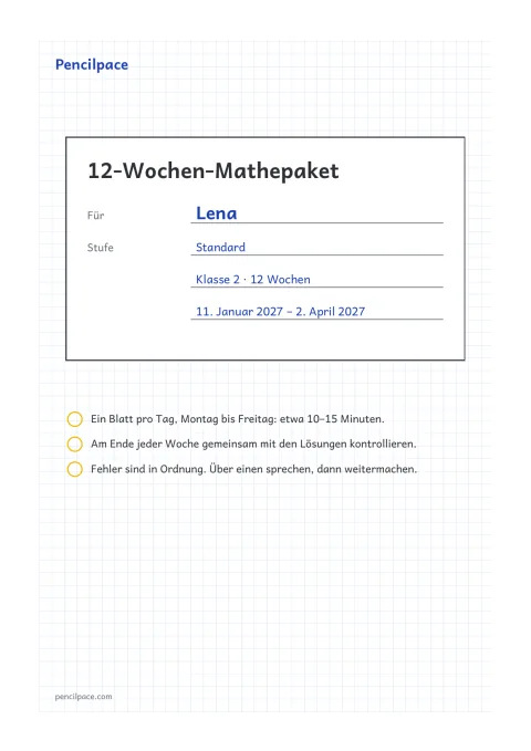 Deckblatt mit Name, Klasse, Stufe und den Daten der 12 Wochen