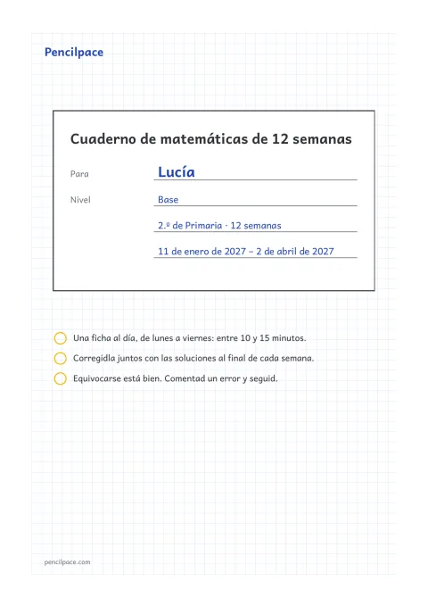 Portada con el nombre, el curso, el nivel y las fechas del trimestre