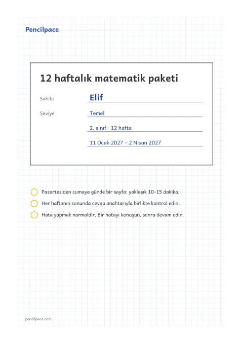 Ad, sınıf, seviye ve 12 haftanın tarihlerini içeren kapak